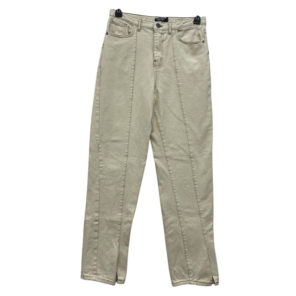 Nasty Gal Denim - Nasty Gal High Waist Straight Leg Pants Womens 6 Beige Front Seam Split Hem Read